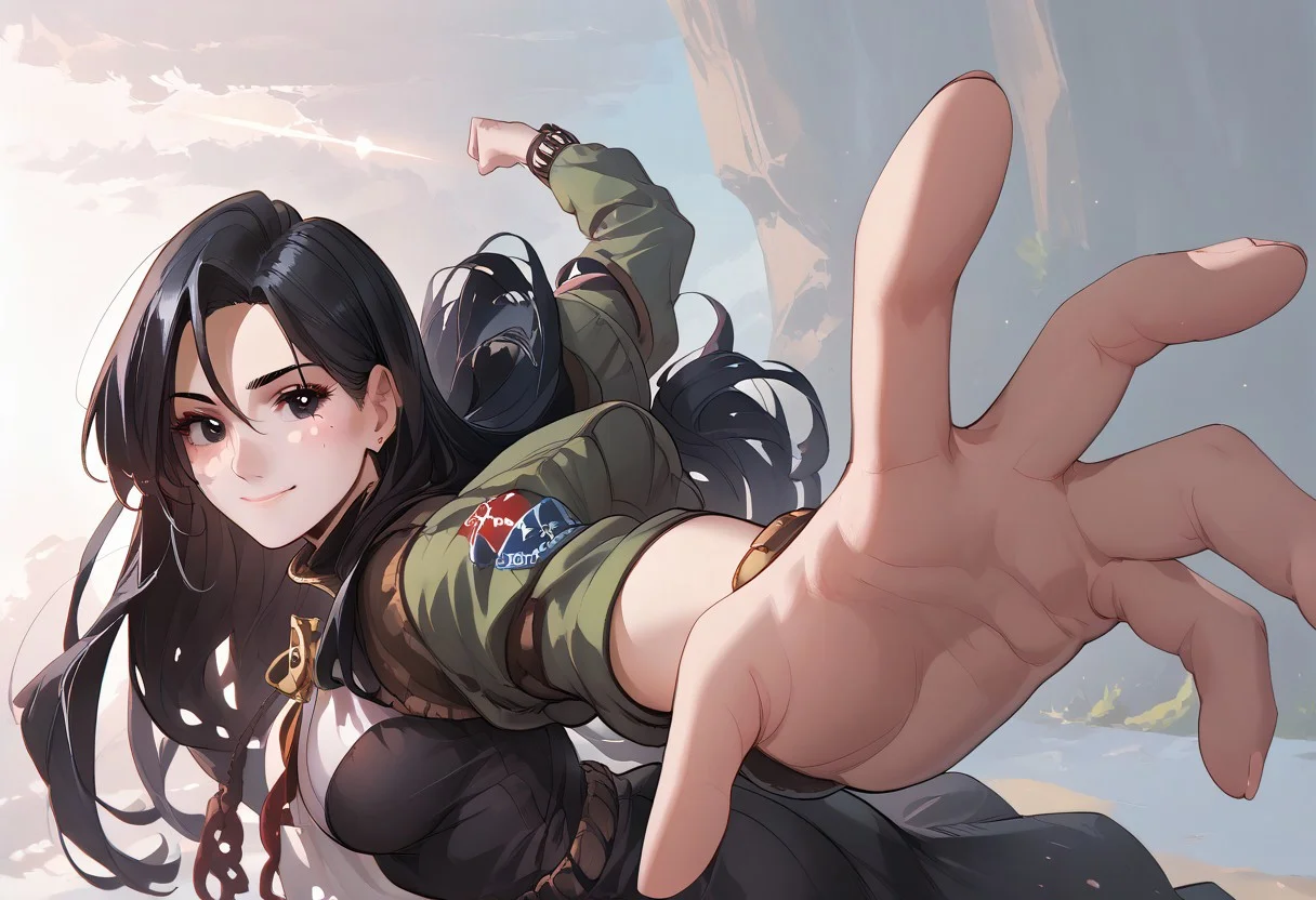 abbystea style, (score_9, score_8_up, score_7_up, highest score, best quality:1.2), zPDXL3, good_hands, hi-res. 8k, 1girl, black hair, long hair, large breasts, black eyes, mole under eye, BREAK black dress, smirk BREAK IncrsPunchMeme, incoming punch BREAK dramatic lighting, perfect hands, perfect eyes, (high quality:1.1), (ultra detailed:1.1), Expressiveh