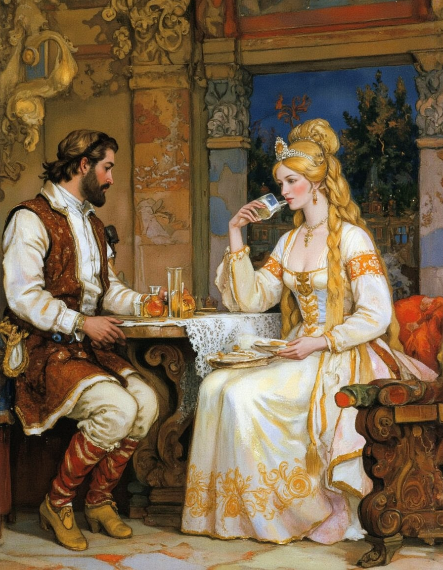 <lora:kochergin:1>, man dressed and woman princess  sitting on the bench and drinking vodka