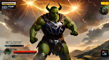 VG_SS, fake screenshot, english text,
(High Resolution), (More Details), (8K), (High Resolution)
Fake video game interface.
Scrolled beat'em up.
1 girl,
laezellora, facial markings, green skin, body armor, leg armor,
perfection style,
(Faceshot_By_stable_yogi-v2)
full body, zoomed out,exactly facing right clenched fists, ready for fist-fight.
BREAK
and 2+ boys,
minotaur, hulking body, horns, facing left , ready for fist-fight.
backdrop is a bloody arena, strong artificial lighting