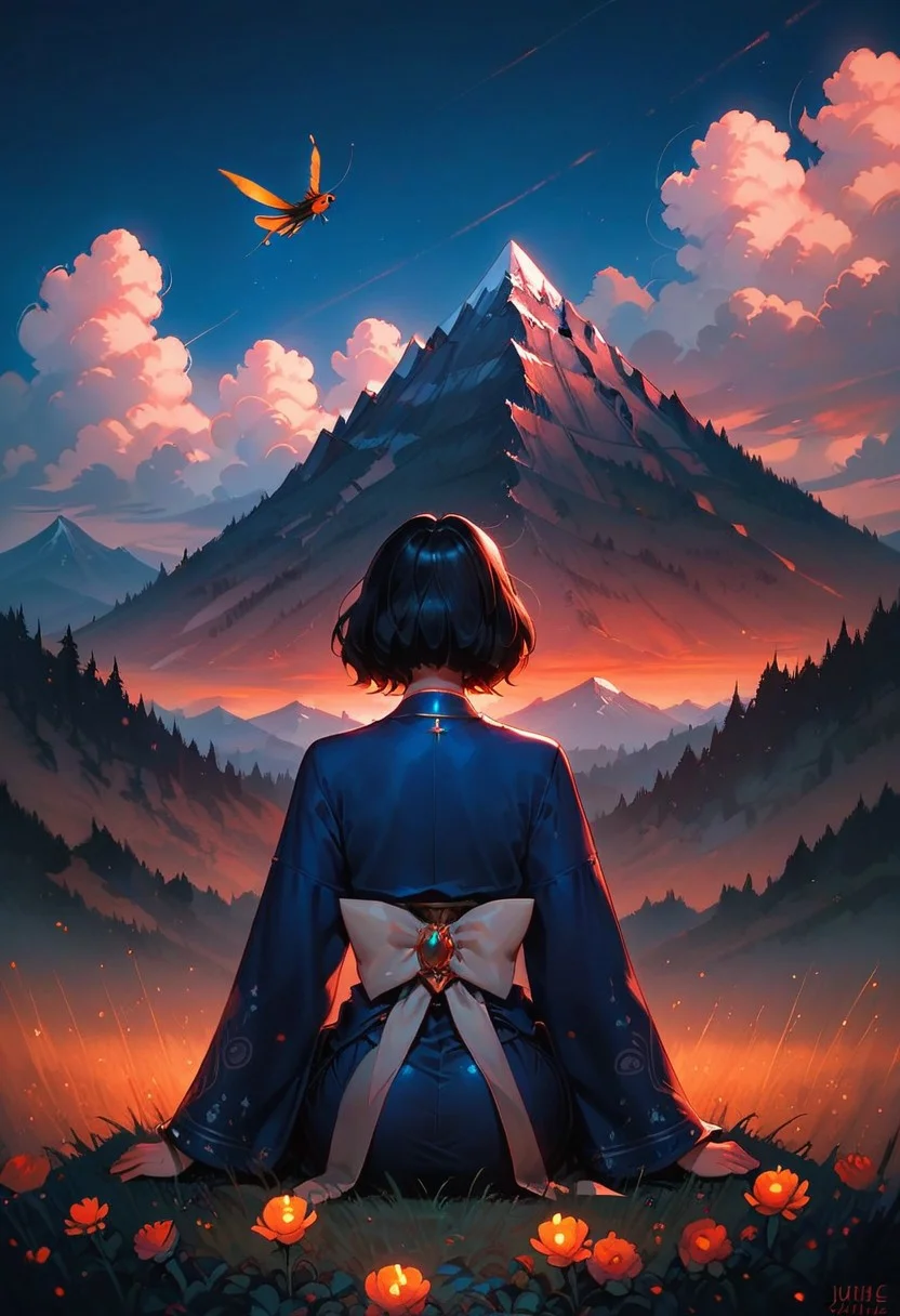 score_9, score_8_up, score_7_up, Expressiveh, g0thicPXL, glowing, neon,, (1girl, black short hair, blue blazer, western-style kimono, from behind, hill, sitting on grass, mountain, looking at mountain, bears, magical girl, insanity, mmm, joke, fireflies, black sky), (masterpiece: 1.2)