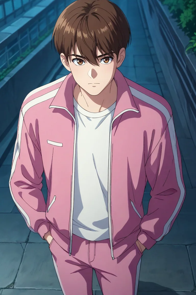 score_9, score_8_up, score_7_up,score_6_up,score_5_up,score_4_up,source_anime,BREAK, rating_safe, intricate details , , , anime screencap, anime coloring, official style, depth of field,1boy, solo, male focus , , , <lora:LeeJoon:0.82>,lee joon,brown eyes,brown hair,short hair,bangs,hair between eyes,looking at viewer, shirt, long sleeves, closed mouth, standing, jacket, white shirt, outdoors, open clothes, pants, open jacket, night, building,convenient store, track jacket, hand in pocket, pink jacket, track suit, track pants, pink pants,from above , , , <lora:sdxl_lightning_8step_lora_315544:1>