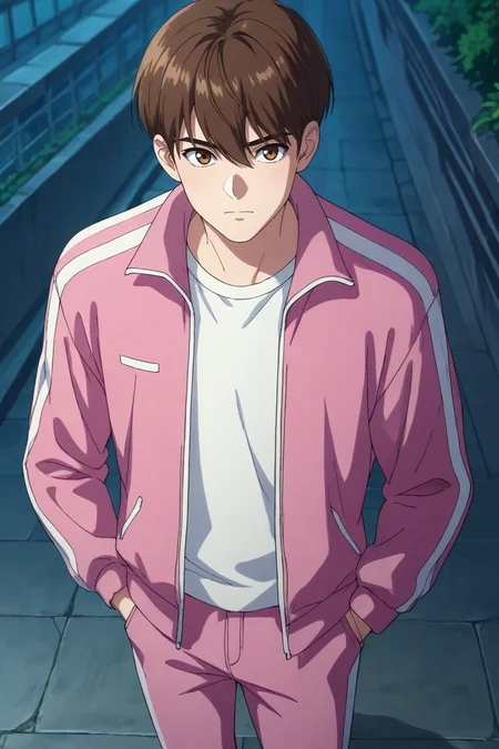 score_9, score_8_up, score_7_up,score_6_up,score_5_up,score_4_up,source_anime,BREAK, rating_safe, intricate details , , , anime screencap, anime coloring, official style, depth of field,1boy, solo, male focus , , ,  <lora:LeeJoon:0.82>,lee joon,brown eyes,brown hair,short hair,bangs,hair between eyes,looking at viewer, shirt, long sleeves, closed mouth, standing, jacket, white shirt, outdoors, open clothes, pants, open jacket, night, building,convenient store, track jacket, hand in pocket, pink jacket, track suit, track pants, pink pants,from above , , , <lora:sdxl_lightning_8step_lora_315544:1>
