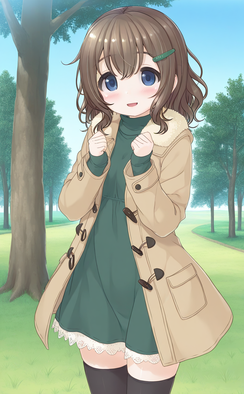 general,highres, ultra-detailed,very aesthetic,best quality ,best hands,  BREAK <lora:Fukami_Nonoka_IS:1> FukamiNonoka, 1girl,solo, bangs, medium hair, brown hair, hairclip, blue eyes, smile, open mouth,
FukamiNonoka, solo, blush, dress, looking at viewer, long sleeves, parted lips, hair between eyes, green dress, cowboy shot, clenched hands, turtleneck, 
thighhighs, solo, smile, brown footwear, looking at viewer, black thighhighs, skirt, long sleeves, fur trim, closed mouth, coat, standing, hair between eyes, clenched hands, zettai ryouiki, blush, jacket, sweater, hands up, long hair, sleeves past wrists, turtleneck
grass, sky, day, spring, tree,
