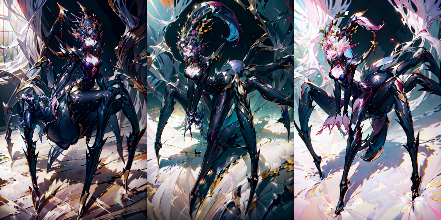 (otherworldly), highly insanely detailed, masterpiece, top quality, best quality, highres, 4k, 8k, RAW photo, (very aesthetic, beautiful and aesthetic), <lora:Spider Queen:1>, 
ZZNH, 1girl, solo, breasts, looking at viewer, large breasts, hair ornament, cleavage, jewelry, medium breasts, full body, earrings, pointy ears, fingernails, bodysuit, shadow, monster girl, claws, arthropod girl, taur, spider girl, arachne, multiple legs, (spider:1.2), CG, 
1girl, 
(__lazy-wildcards/char/haircolor__), 
__lazy-wildcards/dataset/background__, (fantasy world)âââ