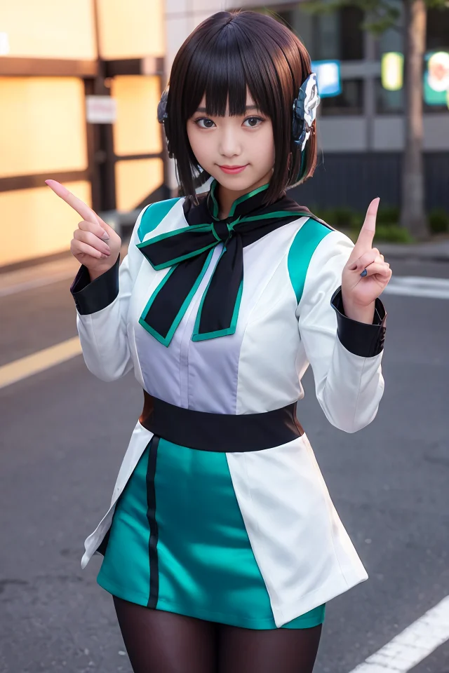 1girl,  izu, izu_uniform, humagear, humagear_headset, headphone, realistic, skirt, solo, standing, best quality, photorealistic, masterpiece, 8k, high res, solo,  (((woman))), (medium breast), ((looking at the viewer)), (looking at the camera:1), (short hair), bob hair, (professional lighting, bokeh),top angle view, extremely detailed face,  fashionable and trendy atmosphere, japan, street, tokyo,  factory, ((daytime)), (portrait:0.6), seductive smile,  gorgeous, floating hair, (light particles, lens flare, glowing particles:0.6), (dynamic pose:1.2), soft lighting, black hair,  full body, smile, camera, pointing_finger, blue eye, pantyhose, black nail, outstretched_arm,  <lora:Izu:0.7>