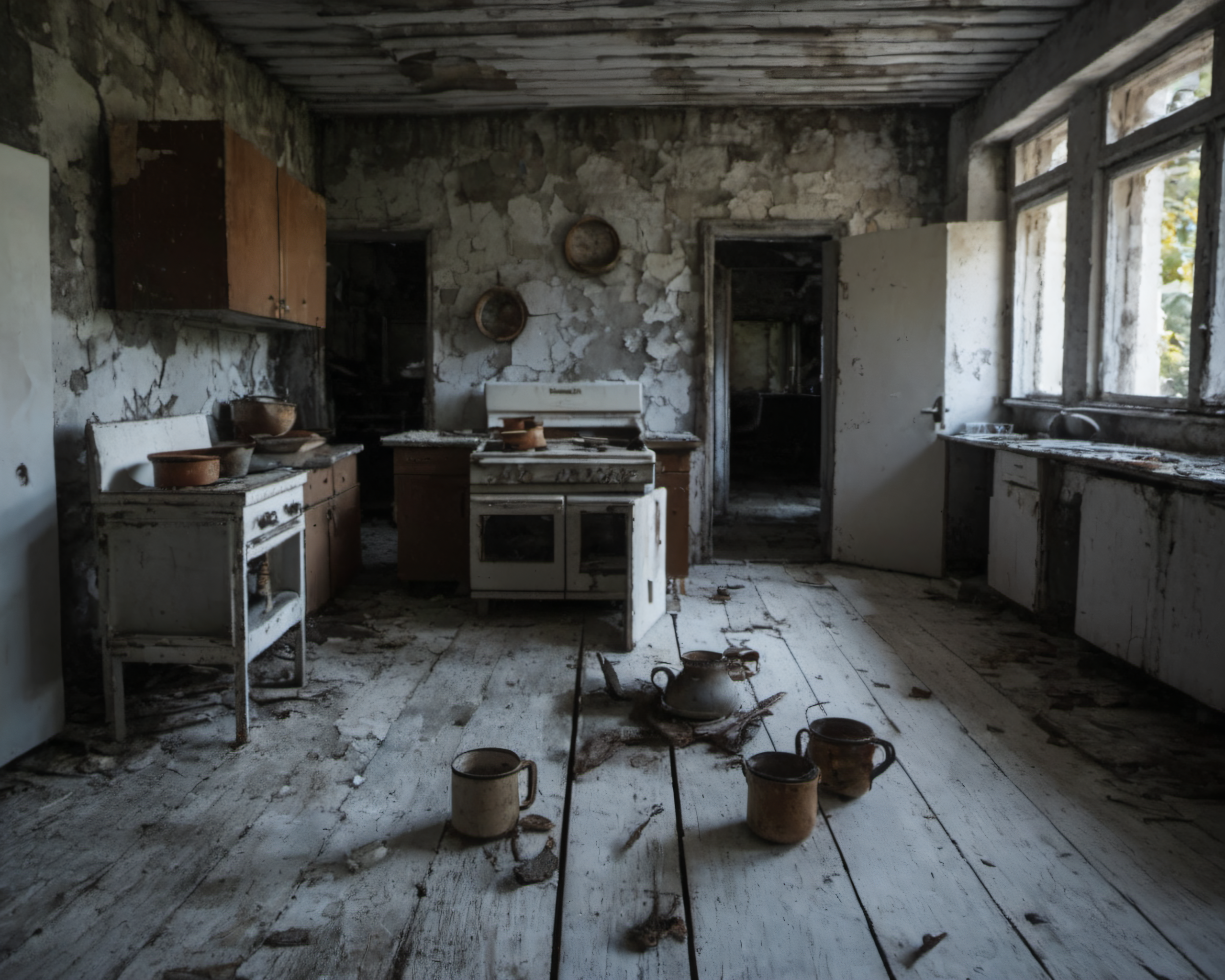 best quality, realistic, vray, hdr, on a post-apocalyptic kitchen, scattered rusted pots, cracked dining table, moldy open refrigerator., by Raymond Depardon, Chern4byl enviroment  <lora:Chenorbyl_v1:0.8>