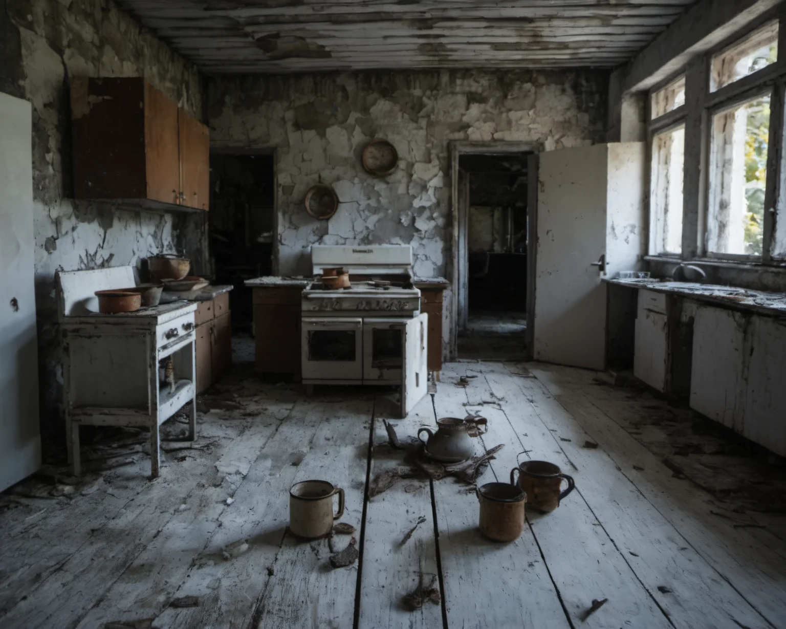 best quality, realistic, vray, hdr, on a post-apocalyptic kitchen, scattered rusted pots, cracked dining table, moldy open refrigerator., by Raymond Depardon, Chern4byl enviroment <lora:Chenorbyl_v1:0.8>