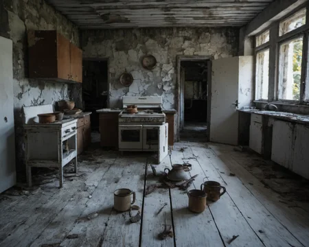 best quality, realistic, vray, hdr, on a post-apocalyptic kitchen, scattered rusted pots, cracked dining table, moldy open refrigerator., by Raymond Depardon, Chern4byl enviroment  <lora:Chenorbyl_v1:0.8>