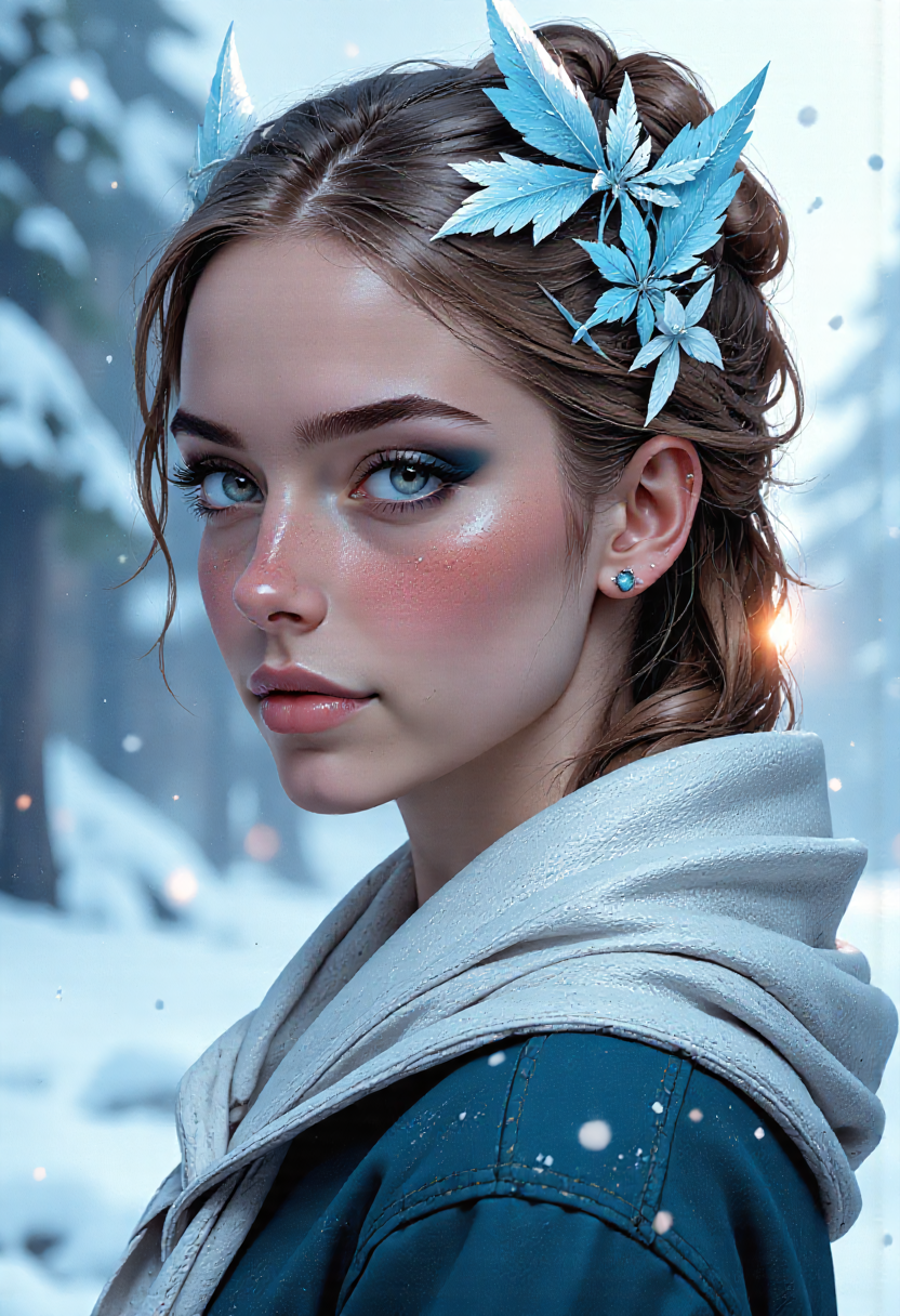 minimalistic portrait of a young Scandinavian woman white glacial blue smoked eye shadow, abstract white biomorphic pattern, winter landscape with glacial flowers, large snowflakes falling from the sky, vivid color, soft contrast, misty aether houte - couture rococo glacial clothing, atmospheric rim lighting, an intricate, elegant, highly detailed digital painting, (style of simon stalenhag, wayne barlowe, igor kieryluk. Lacombe, Patrice Murciano Frostpunk) perfection style, <lora:flux/flux_realism_lora>, <lora:flux/Herbst_Photo_35mm v2>, herbstphoto, <lora:flux/FluxMythP0rtr4itStyle>, mythp0rt,