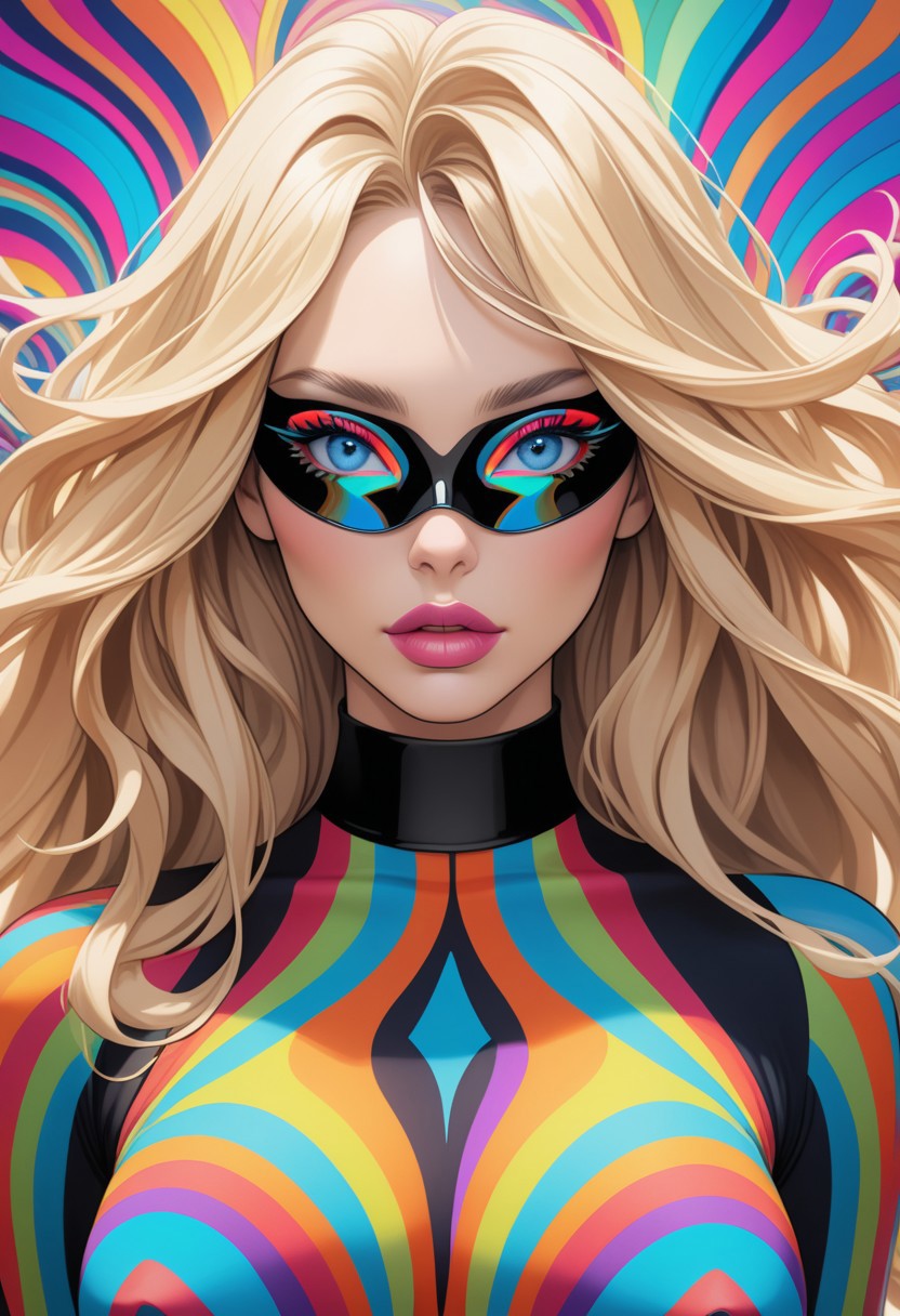 ((view from the waist up)) 1woman, solo,  long hair, blonde hair, black choker, blue eyes, one eye covered by hair, eyeliner, gorgeous lips, tights, medium breasts. ((psychedelic))
