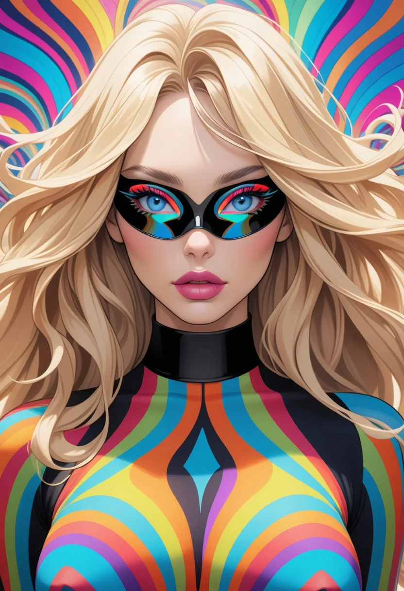 ((view from the waist up)) 1woman, solo, long hair, blonde hair, black choker, blue eyes, one eye covered by hair, eyeliner, gorgeous lips, tights, medium breasts. ((psychedelic))