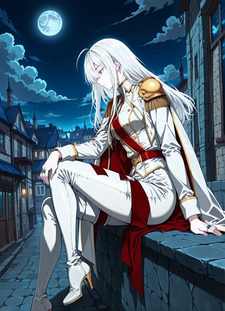 <lora:Varay_Aurae__The_Beginning_After_The_End__Illustrious:1>
1 girl, solo, grey eyes, white hair, long hair, bangs, pale skin, hair between eyes, ahoge, scar above right eye
military uniform, white cape, epaulettes, ring, jewelry, white pants, long sleeves, white thigh boots, thighhighs, high heels, belt, white jacket, red sash, <lora:iLLMythG0thicL1nes:1>
score_9, score_8_up, score_7_up, score_6_up, source_anime, masterpiece, best quality, absurdres, highres, newest, anime coloring <break> 1girl, solo, sitting, on wall, from side, town, night sky, cloud, night, blue moon
