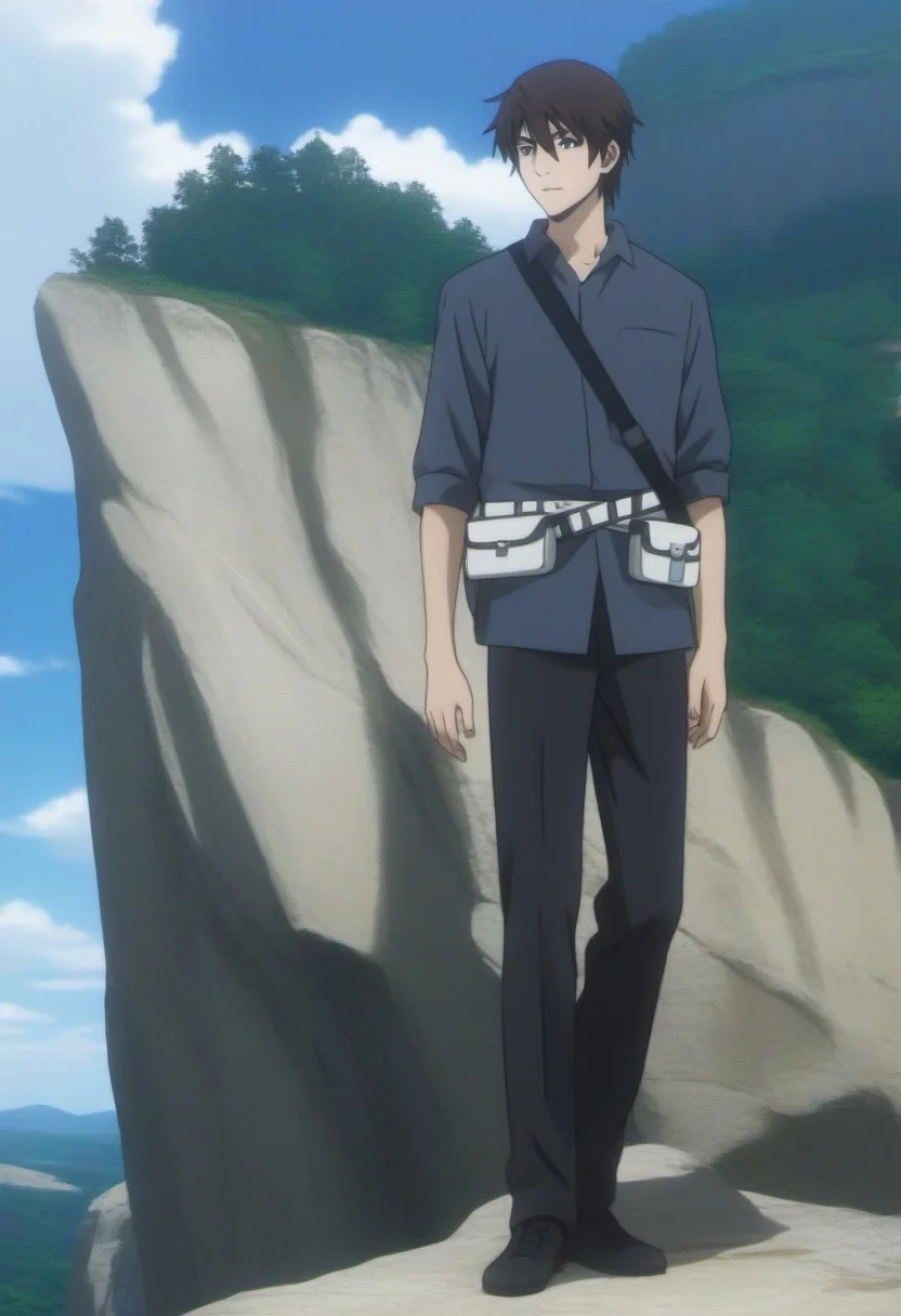 ((masterpiece)), ((best quality)), ((ultra-detailed)), ((absurdres)), score_9_up, score_8_up, score_7_up,
HD, top quality, best quality, amazing quality, High-quality illustrations, anime screencap, source_anime, best aesthetic, perfect proportions, perfect eyes, 1boy, 1male, solo boy, solo male, male focus, solo male focus, Anime, boy, male anime character, anime boy, handsome, cute, charming, sexy, good-looking, Ryouta Sakamoto, black-brown hair, brown eyes, dark gray collared shirt, rolled sleeves black sling bag, white waist pouch bags, black pants, green gem left hand, ((slim body, lean body)), ((cliff, white rocks, rocky surface, blue sky, white clouds)), ((full body shot, head to hips shot)), ((front view, front shot, facing front, view from the front))
