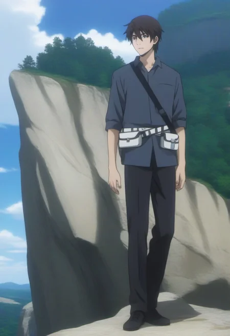 ((masterpiece)), ((best quality)), ((ultra-detailed)), ((absurdres)), score_9_up, score_8_up, score_7_up,
HD, top quality, best quality, amazing quality, High-quality illustrations, anime screencap, source_anime, best aesthetic, perfect proportions, perfect eyes, 1boy, 1male, solo boy, solo male, male focus, solo male focus, Anime, boy, male anime character, anime boy, handsome, cute, charming, sexy, good-looking, Ryouta Sakamoto, black-brown hair, brown eyes, dark gray collared shirt, rolled sleeves black sling bag, white waist pouch bags, black pants, green gem left hand, ((slim body, lean body)), ((cliff, white rocks, rocky surface, blue sky, white clouds)), ((full body shot, head to hips shot)), ((front view, front shot, facing front, view from the front))