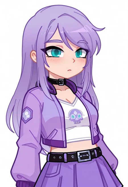 masterpiece,best quality,amazing quality, GallFaxy, GallFaxyGacha, long hair, purple hair, aqua eyes, collar, belt, choker, Blue eyes, purple jacket, purple skirt, half body, white background