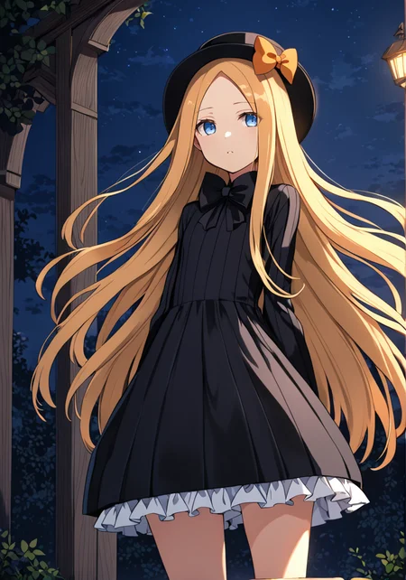 masterpiece, best quality, dark background, highres, 4k, 8k, intricate detail, cinematic lighting, amazing quality, amazing shading, soft lighting, Detailed Illustration, anime style, wallpaper,
outdoors, sky,
(full body:1.2),
<lora:Abigail_Williams_XL:0.75> Abigail_Williams_(Fate), blonde_hair, blue_eyes, long_hair, parted_bangs, flat_chest, blonde_hair, blue_eyes, long_hair, parted_bangs, flat_chest, black_dress, black_hat, black_bow, orange_bow, hair_bow, sleeves_past_wrists, ribbed_dress, white_bloomers,