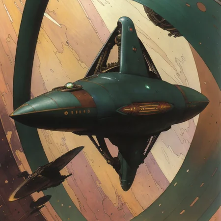 (Masterpiece), artwork, moebius steampunk, a picture of an elegant streamlined, elongated, aggressive Aztec dark-green steampunk space-battlecruiser, flying between cosmic ruins, view from the side, best quality, ultra high res, cinematic lighting, dramatic lighting, glorious, spectacular, dslr, ultra quality, sharp focus, tack sharp, dof, film grain, technicolor, Fujifilm XT3, photorealistic, 8K UHD <lora:Don_Lawrence_Storm_v1:0.9>, dlstormstyle, <lora:Moebius:0.9> <lora:Nouveau_last:0.7>, art nouveau Style,