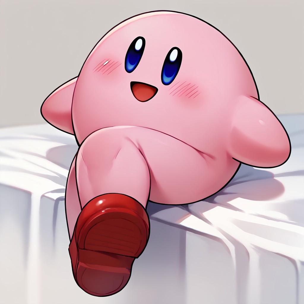 score_9, score_8_up, score_7_up BREAK LongKirby, dark blue eyes, pink body, blush, red shoes, smiling at viewer,