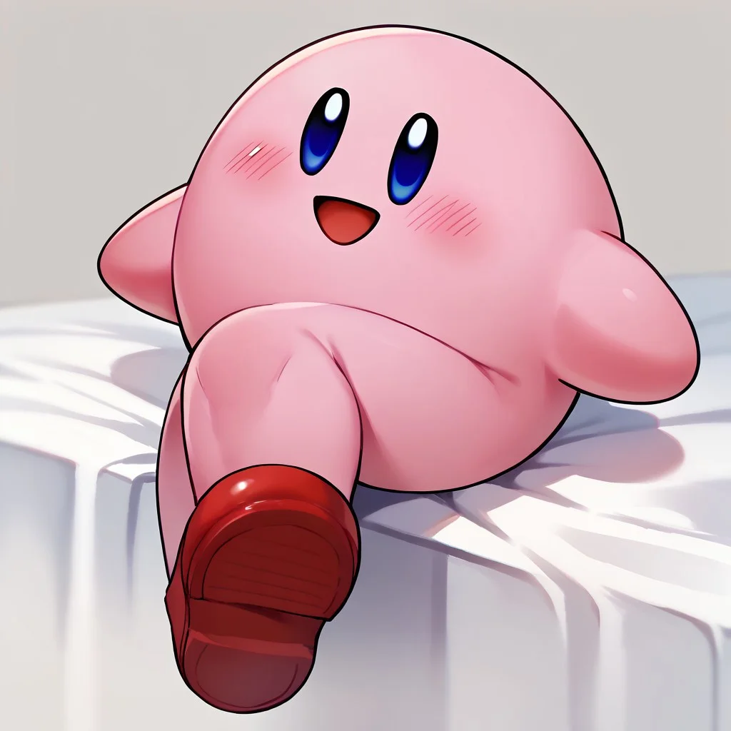 score_9, score_8_up, score_7_up BREAK LongKirby, dark blue eyes, pink body, blush, red shoes, smiling at viewer,
