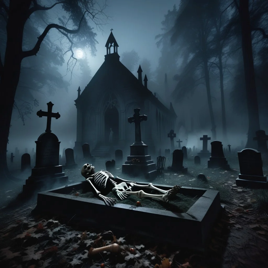 A spooky Halloween scene set in a dark forest, featuring a foggy cemetery at night. Surrounding an open grave, eerie vampire figures dance in an unsettling manner. In the grave itself, a grinning skeleton sits, creating a chilling and macabre atmosphere filled with shadows and mist The atmosphere is dark and sinister, with shadows looming, creating a spine-chilling ambiance