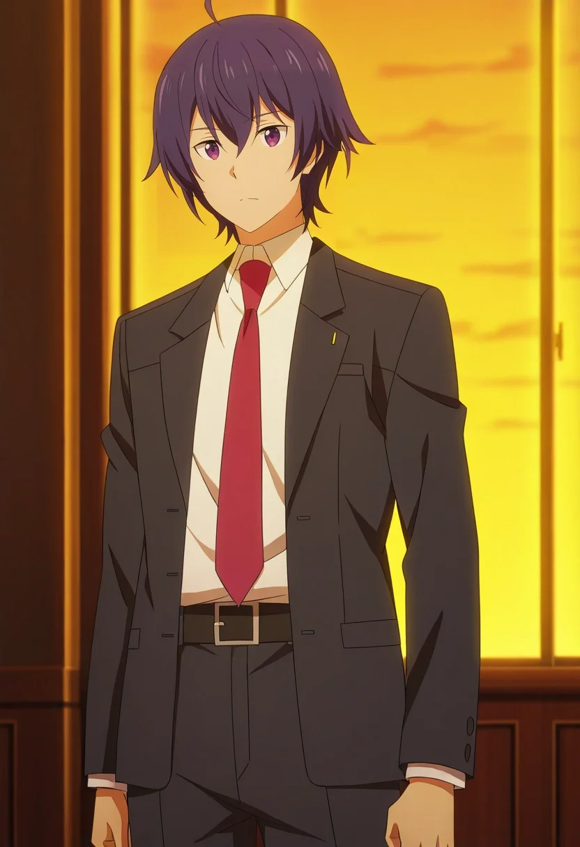 masterpiece, best quality, anime screencap, official style, anime coloring, cowboy shot, 1boy, solo, male focus, <lora:shin_wolford_ilxl:0.98>, shin_wolford, purple hair, purple eyes, short hair, ahoge, hair between eyes, school uniform, white shirt, collared shirt, red necktie, formal, suit,