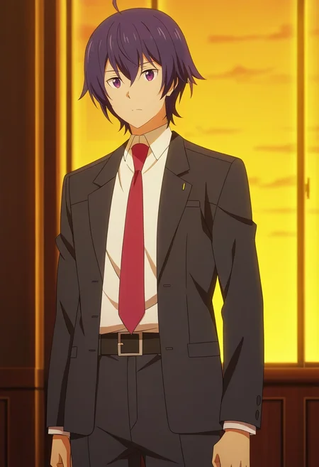 masterpiece, best quality, anime screencap, official style, anime coloring, cowboy shot, 1boy, solo, male focus, <lora:shin_wolford_ilxl:0.98>, shin_wolford, purple hair, purple eyes, short hair, ahoge, hair between eyes, school uniform, white shirt, collared shirt, red necktie, formal, suit,