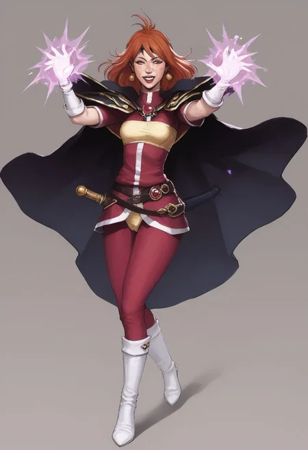 (score_9, score_8_up, score_7_up), rating_explicit, Masterpiece, best quality, outdoors, highly detailed, realistic, detailed background,
BREAK
Sorceress Supreme Lina Inverse, (PAWG:1.3), sexy short woman, thin hourglass figure, (realistic skin texture), heart-shaped face, sharp angular features, beautiful face, cute, red eyes, slanted almond-shaped eyes, Long straight red Hair, long bangs, wild hair, sidelocks, long eyelashes, high nose, freckles, high cheeks, prominent cheekbones:0.4, thick lips, massive overbite, large front teeth, arrogant smile, haughty expression,
BREAK
small breasts, flat chest, thicc thighs, enormously wide hips, massive fat ass, skindentation:1.4,
BREAK
yellow trim, headband, white footwear, white gloves, white trim, brooch, red pants, pauldrons, cape,
BREAK
random pose, casting a spell, magic,
