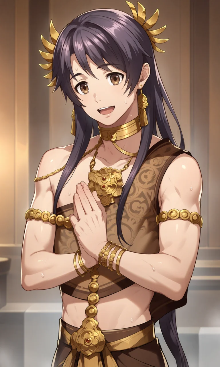 score_9, score_8_up, score_7_up, masterpiece, best quality, lots of details, ((1boy)), solo, male focus, Thara, bracelet, hair ornament, jewelry, choker, long hair, necklace, own hands together, brown dress, brown eyes, purple hair, open mouth, smile, standing, shaded, sweat, detailed shading, detailed skin, shaded skin, realistic shading, looking at viewer, Expressiveh, countershading:1.1, bathhouse, indoors, <lora:add-detail-xl:0.7>, <lora:Smooth Anime 2 Style SDXL_LoRA_Pony Diffusion V6 XL:0.8>, <lora:Expressive_H:0.8>, <lora:Thara_XL_V10_OPT:0.9>