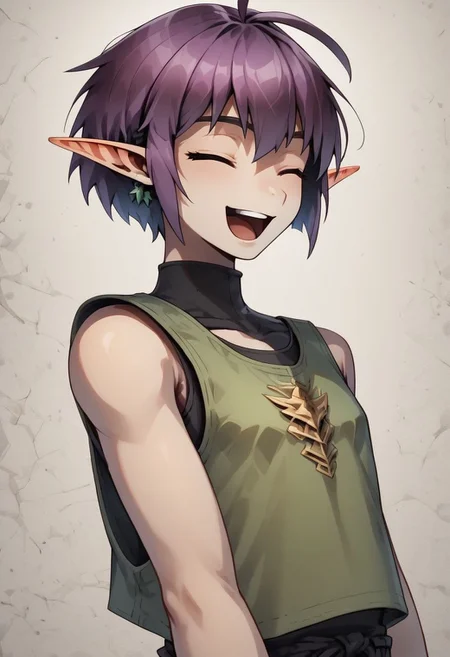 Lapanya, 1 person, solo, pointy ears, ((snout nose)), flat chest, small nostrils, short stature, skinny arms, ((closed eyes, singing, open mouth, dancing, happy)), fair skin, ((dark lilac hair)), short hair, tomboy haircut, small nostrils, 3 fingers 1 thumb ((Sleeveless green vest, fitted black undershirt, black pantaloons, fully clothed)), dynamic view, 3/4 view
((Organic cavern background)), fully clothed,
clean lines, up close, upper body focus, highly detailed face, detailed background, high quality, best quality, score: 9, score: 8 up, rating: safe