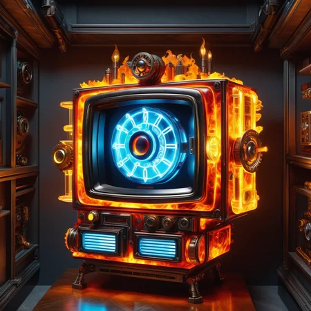 hyper detailed masterpiece, dynamic, awesome quality,DonMF1r3XL firey time traveler's nexus, wall sconce,closet organizers,mechanized gears,television, soapstone stone, compact fluorescent lamps, pin spot lighting, cyberpunk  <lora:DonMF1r3XL-000006:0.85>