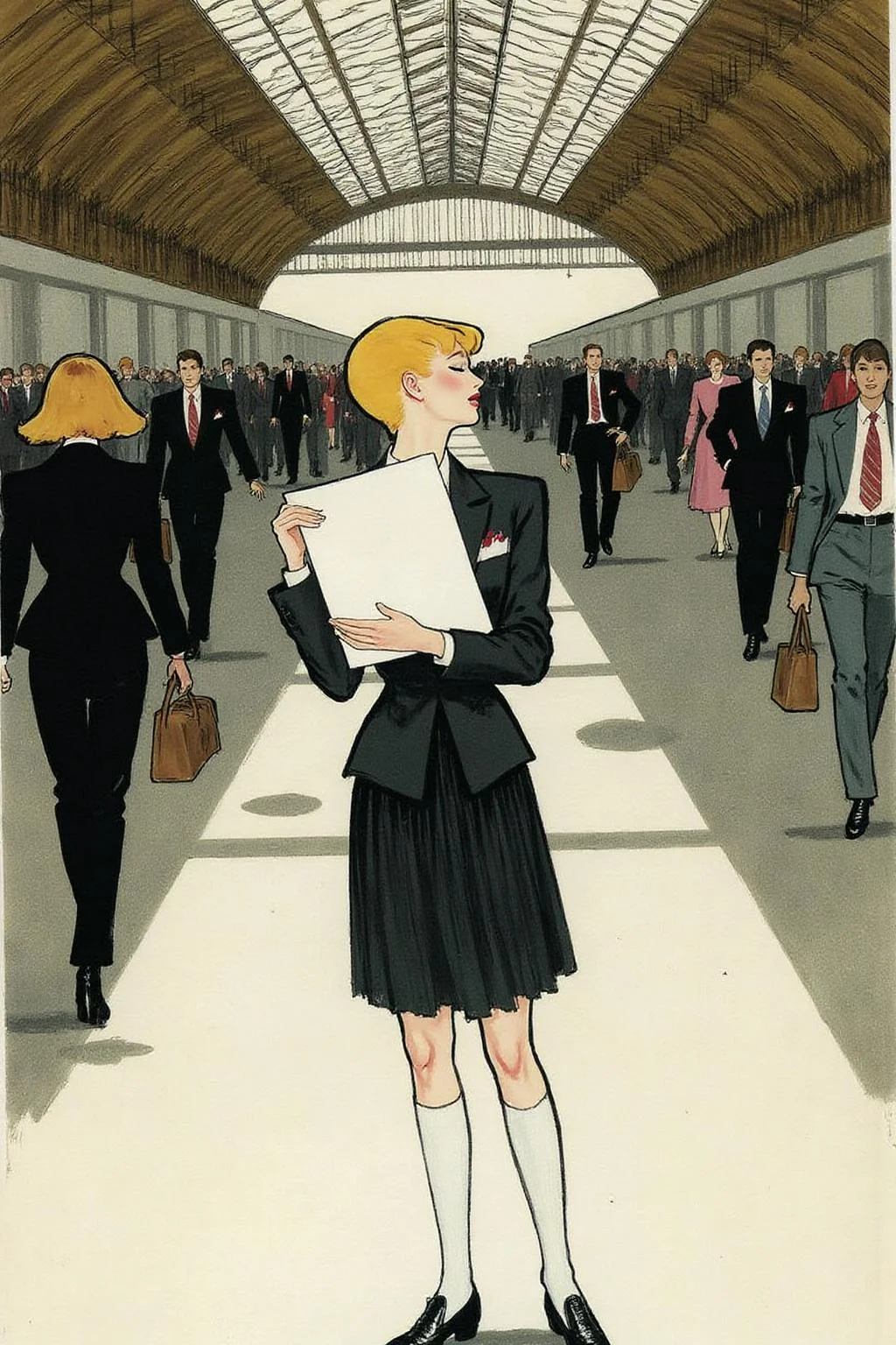 regr1 sketch Profile of a high school student in uniform, white socks and black shoes, standing in the middle of a train station, holding two acceptance letters--one for a local college and the other for an overseas university. The station is bustling with people moving in every direction, while she stands still, eyes closed, taking a deep breath as she tries to decide which future to follow. <lora:regr2_fashion_nocap_d6a3:1.0><lora:807661638153994730:0>