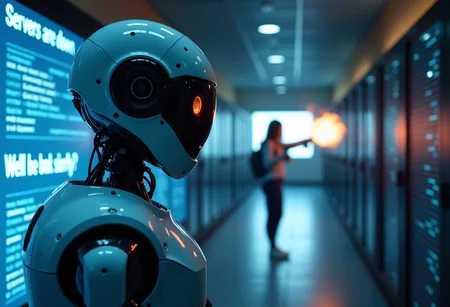 realistic, a smart robot humanoid in the foreground looking at a monochrome blue screen with the text "Servers are down, we'll be back shortly", the robot has a monologue bubble with the text "How did that even happen?", a girl in the far background behind the robot is destroying computer servers with a flamethrower