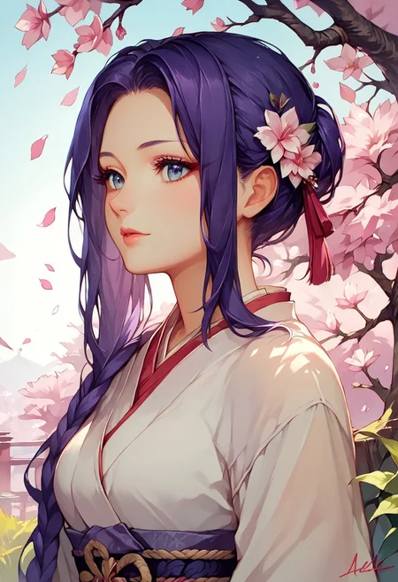 score_9, score_8, score_7_up,ultra details, best quality, source anime, illustration, well light setting
1 girl, beautiful, purple hair, flower, cherry blossom,