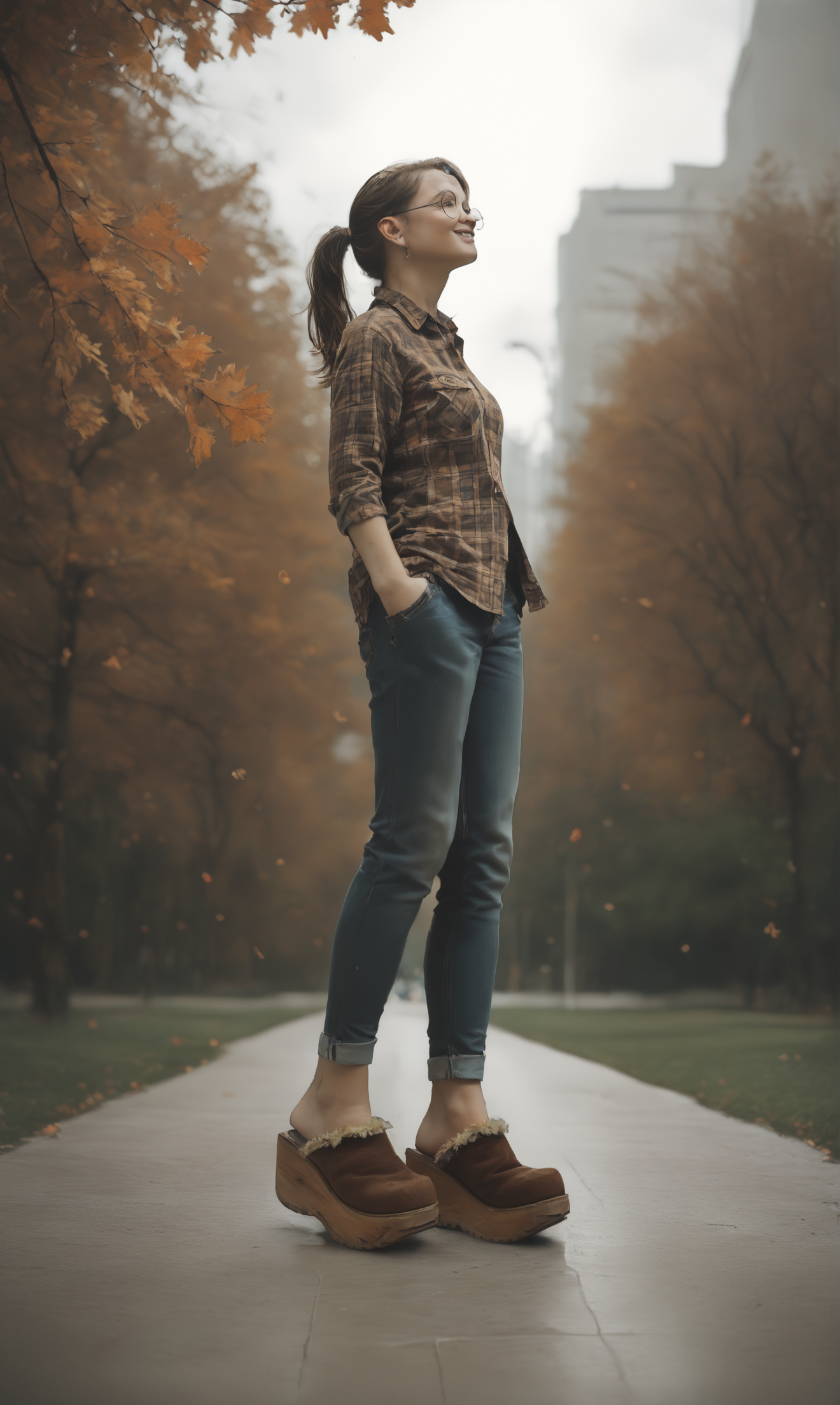 score_9, score_8_up, score_7_up, score_6_up, source_anime,
low angle, from below, from side,
autumn, outdoors, park,
1girl, 
walking, arms out, looking up, happy,
flannel shirt, jeans, round glasses, ponytail, brown hair,
sherpa clogs, platform footwear,
embedding:zPDXLrl ,
embedding:zPDXL2 ,