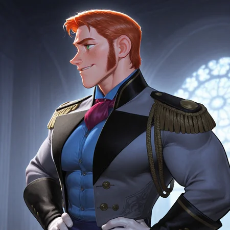 masterpiece, best quality, absurdres, newest, perfect quality, best quality, absolutely eye-catching, detailed background, intricate details, bara, 1boy, male, male focus, solo, ginger hair, short hair, middle part, sideburns, green eyes, freckles, blue trousers, black boots, magenta cravat, blue shirt, indigo vest, black epaulets, gold aiguillette, gray-and-black blazer, bara, muscular, large pectorals, large biceps looking away, side view, (((upper body))), hands on hips, smirk, very awa, best quality, absurdres, newest, perfect quality, detailed background, intricate details, (artist:rokudenashi:0.8), (artist:dizdoodz:0.7), (artist:gomtang:0.6)