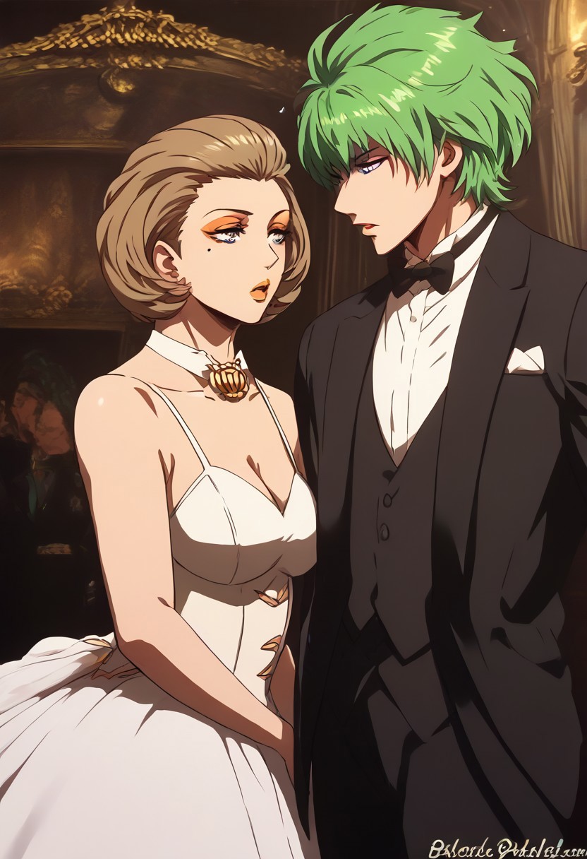 masterpiece, best quality, 1boy, 1girl, looking at one another, high quality, defManuela, short hair, mole under eye, eyeshadow, lipstick, wedding dress, defmByl, green hair, short hair, blue eyes, hair between eyes, wearing a black tuxedo with a bow tie, wedding, couple, love