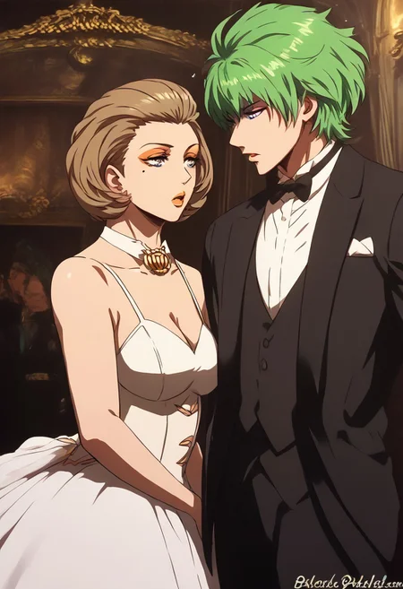 masterpiece, best quality, 1boy, 1girl, looking at one another, high quality, defManuela, short hair, mole under eye, eyeshadow, lipstick, wedding dress, defmByl, green hair, short hair, blue eyes, hair between eyes, wearing a black tuxedo with a bow tie, wedding, couple, love