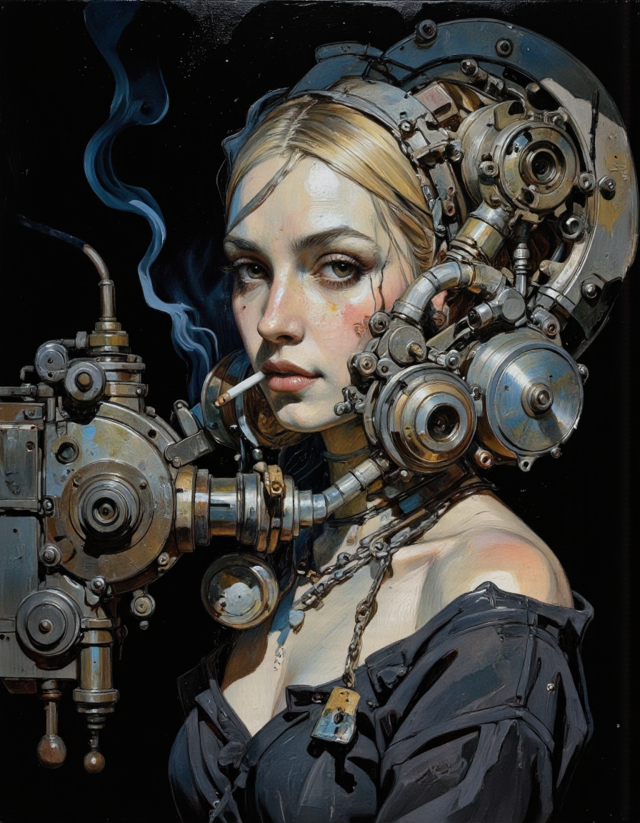 girl, photo of the most beautiful artwork in the world for a woman featuring soft lustrous,she is Smoking cigarettes  industrial mechanic real world, fantastic location, working environment, rugged harsh situation worker, full body 8k unity render, action shot, skin pores, detailed intricate iris, very dark lighting, heavy shadows, detailed, detailed face, (vibrant, photo realistic, realistic, dramatic, dark, sharp focus, 8k) , (weathered greasy dirty damaged old worn technician worker outfit:1. 1) , (intricate:1. 1) , (highly detailed:1. 1) , digital painting, octane render, artstation, concept art, smooth, sharp focus, illustration, art by artgerm, (loish:0. 23) , wlop ilya kuvshinov. , (global illumination, studio light, volumetric light). <lora:Comic_book_opus_3:1>