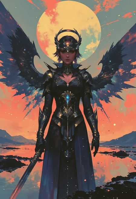 (ArsMJStyle, Colored pencil hyperdetailed realism) A highly detailed, digital fantasy illustration depicting a fierce, adult elven warrior 
woman. a powerful, angelic warrior with black wings standing in a desolate, otherworldly landscape. The warrior is clad in ornate, dark metallic armor with intricate designs, including a prominent chest plate adorned with a blue gemstone. The armor is black with hints of gold, and the helmet has a hood that conceals the face, giving a mysterious, intimidating aura. The warrior holds a long, ornate sword with a golden hilt in his right hand, resting on his shoulder. The background is a serene, twilight scene with a large, glowing sun positioned high in the sky, casting a warm, golden light that contrasts with the dark, ominous atmosphere. The landscape consists of a vast, dark ocean with gentle waves and distant, silhouetted mountains. Small, dark islands or rock formations are scattered across the water. The atmosphere is tranquil yet powerful, evoking a sense of nostalgia and wonder. Highly detailed character, precise silhouette, cinematic lighting, ultra-realistic textures, dreamy and immersive composition, masterpiece. HD, ultra-detailed, 8K quality, masterpiece artwork. (background swirl)