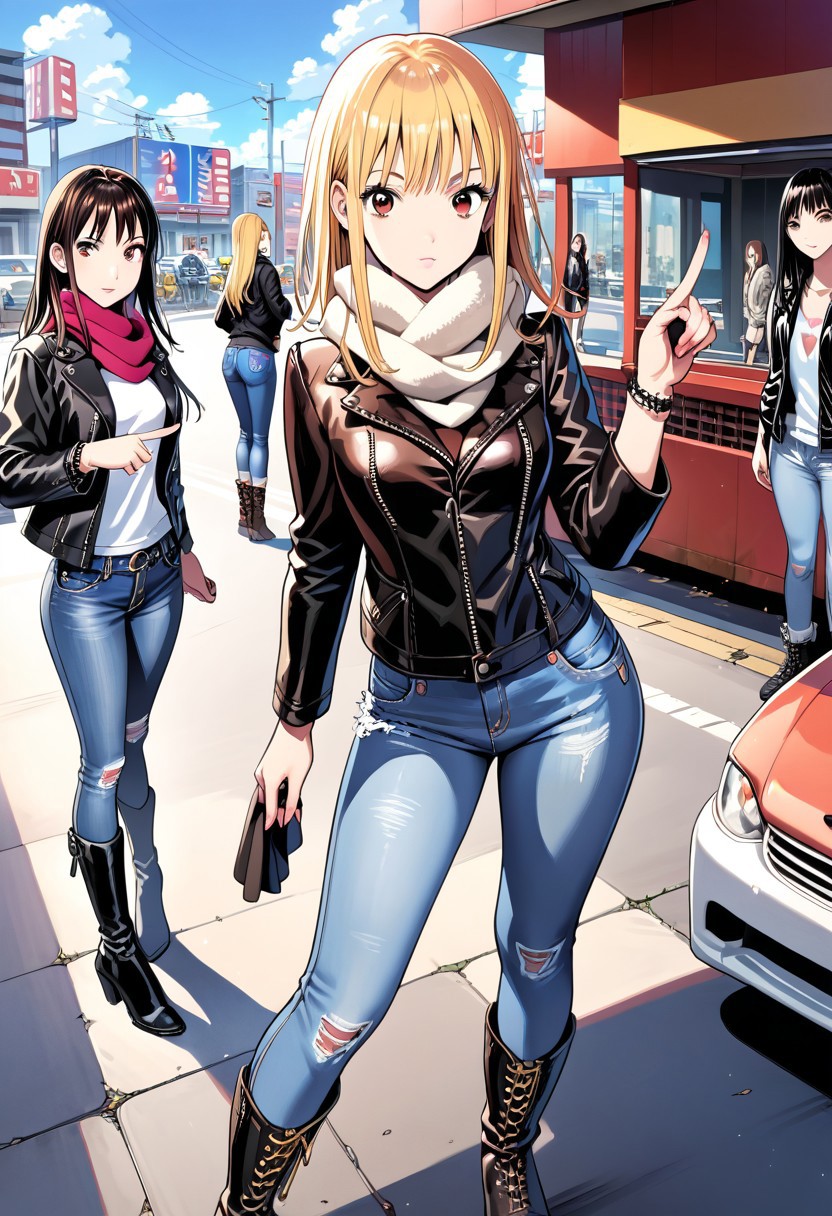 score_9,score_8_up,score_7_up,source_anime, Hibari Oozora,looking at viewer,multiple girls,skirt,long sleeves,standing,jacket,boots,multiple boys,shorts,pants,scarf,5girls,denim,pointing,ground vehicle,motor vehicle,jeans,leather,leather jacket,fashion,
