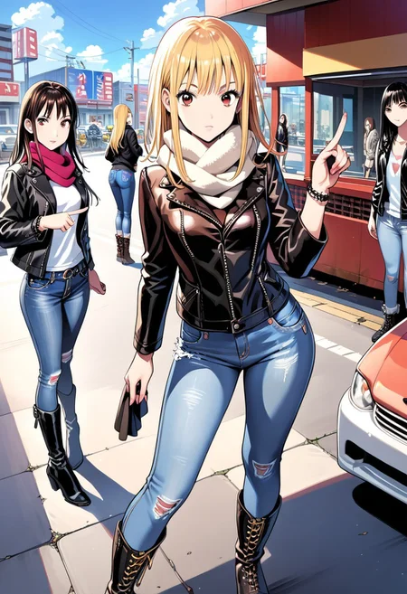 score_9,score_8_up,score_7_up,source_anime, Hibari Oozora,looking at viewer,multiple girls,skirt,long sleeves,standing,jacket,boots,multiple boys,shorts,pants,scarf,5girls,denim,pointing,ground vehicle,motor vehicle,jeans,leather,leather jacket,fashion,