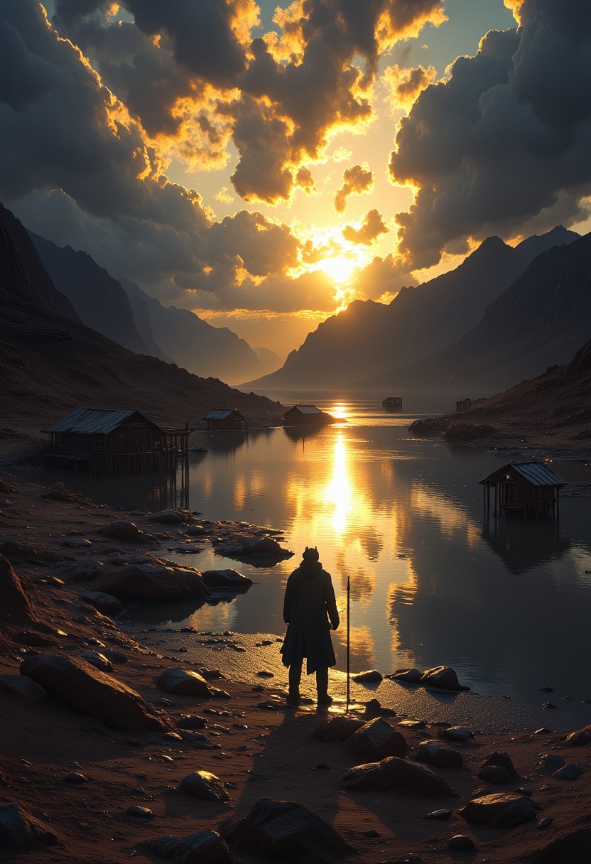 A silhouetted figure stands at the edge of a serene, reflective desert oasis under a glowing golden sun. The person holds a staff and faces towards scattered wooden huts that appear to float on the water’s surface. Jagged mountains rise in the distance, and the dramatic sky is filled with swirling clouds and radiant light, creating an otherworldly, mystical atmosphere.