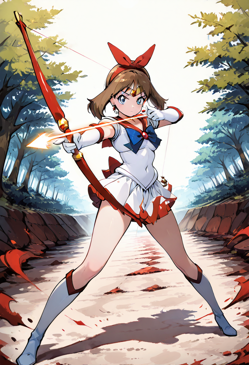 masterpiece, best quality,   zzArrow, zzAtU,    zzMayMarsCitron, blue eyes, brown hair, medium hair, hairband, tiara, red sailor collar, white skirt, bow and arrow, standing, forest, concentration, forest clearing, magical girl, focused, glowing, green leaves, powerful stance, full body, short hair, vibrant colors, action pose    ,<lora:MayMarsPokemonCitron_IXL:0.8>,  ,(dynamic pose, foreshortening),  ,<lora:ZZArrow_IXL:0.8>,