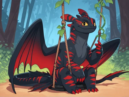 high quality, best quality, masterpiece, highres, very aesthetic, absurdres, <lora:NSFWFilter_illusXL_Incrs_v1:-.5>, sitting on a tire-swing, vine, looking at viewer, 
source_furry, feral, no humans, <lora:night_fury_pony:1>, Night Fury \(How to Train Your Dragon\), fury httyd, yellow eyes, pitch black scales, multicolored scales, Blonde scales, green markings, striped, wings, tail
, <lora:suoiresnu-000004:1>, suoiresnu
