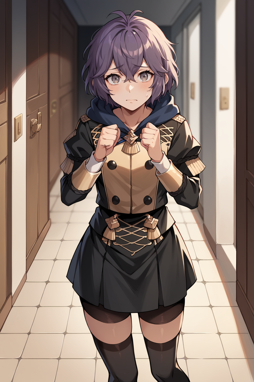 score_9, score_8_up, score_7_up, score_6_up, source_anime, 1girl BREAK <lora:bernadetta-pdxl-nvwls-v1:1> defBernie, messy hair, black uniform, hood down, black skirt, black thighhighs, nervous, three-quarters shot, looking at viewer, hallway, wooden building, clenched hands, upper body, fantasy