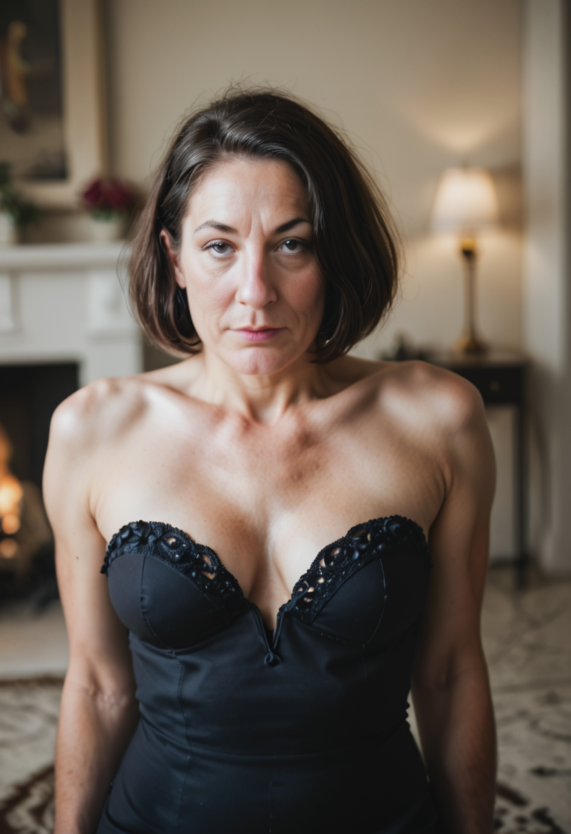 score_9, score_8_up, score_7_up, source_photo, 1girl, mature_female, solo, opulent hotel room, blurred foreground elements framing subject, black_eyes, bob_cut, (black_hair:1.2), fireplace glow, rating_safe, <lora:merged-1.0-1.0:1.0>