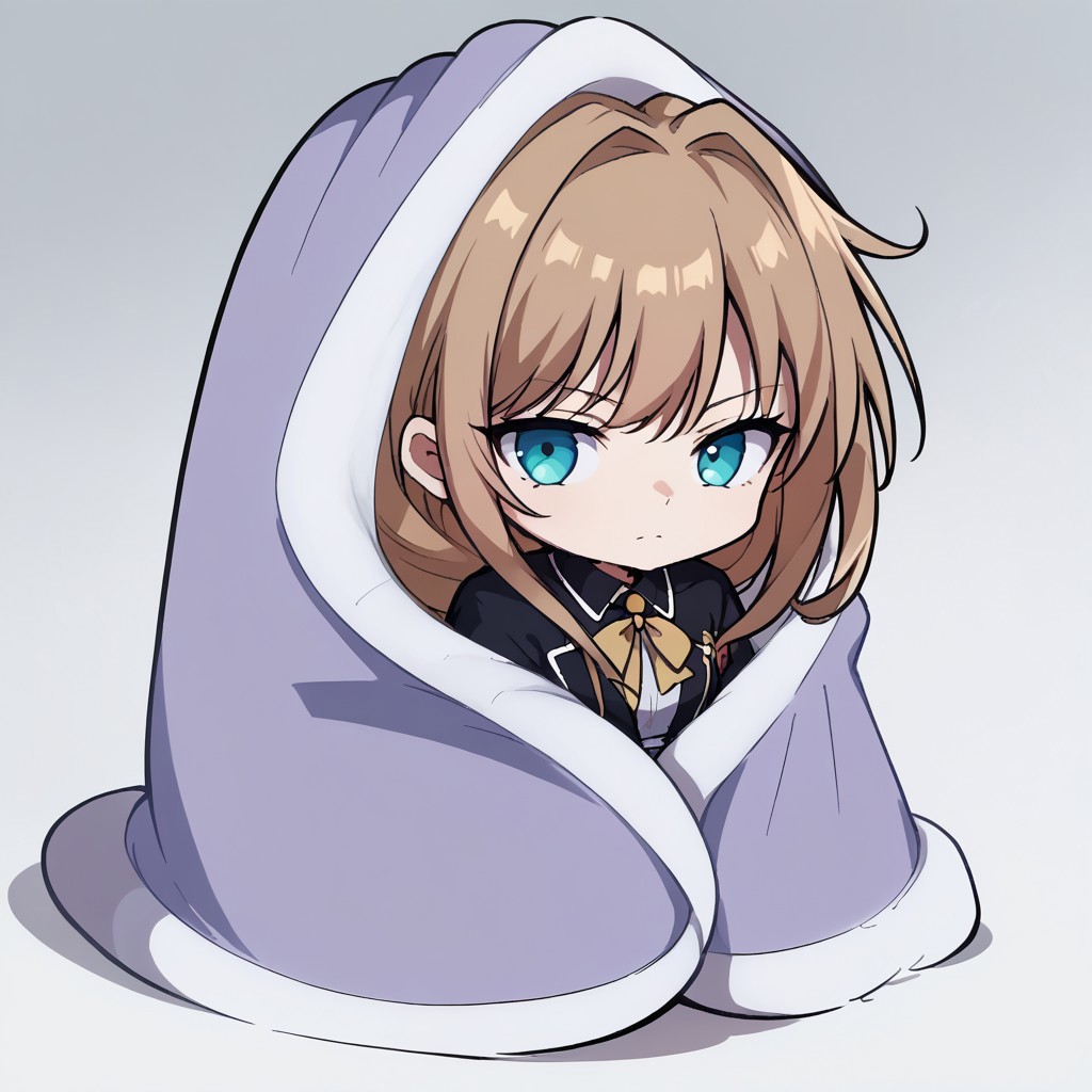 zPDXL3, score_9_up, score_8_up, score_7_up, (Anime_source), (blanket, under covers, chibi), 1girl, RinHoshigane, blue eyes, light brown hair, long hair, singe braid, Rin school uniform, looking at viewer,