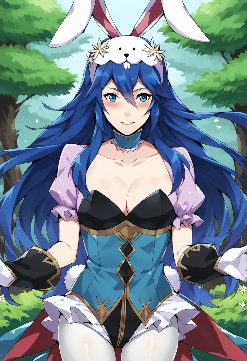 score_9, score_8_up, score_7_up,  <lora:dannex009:1>, uncensored, 1girl, LucinaBunny, blue hair, blue eyes, long hair, rabbit ears, playboy bunny, leotard, white pantyhose, gloves, rabbit tail, forest, solo, upper body, close up, look at viewer