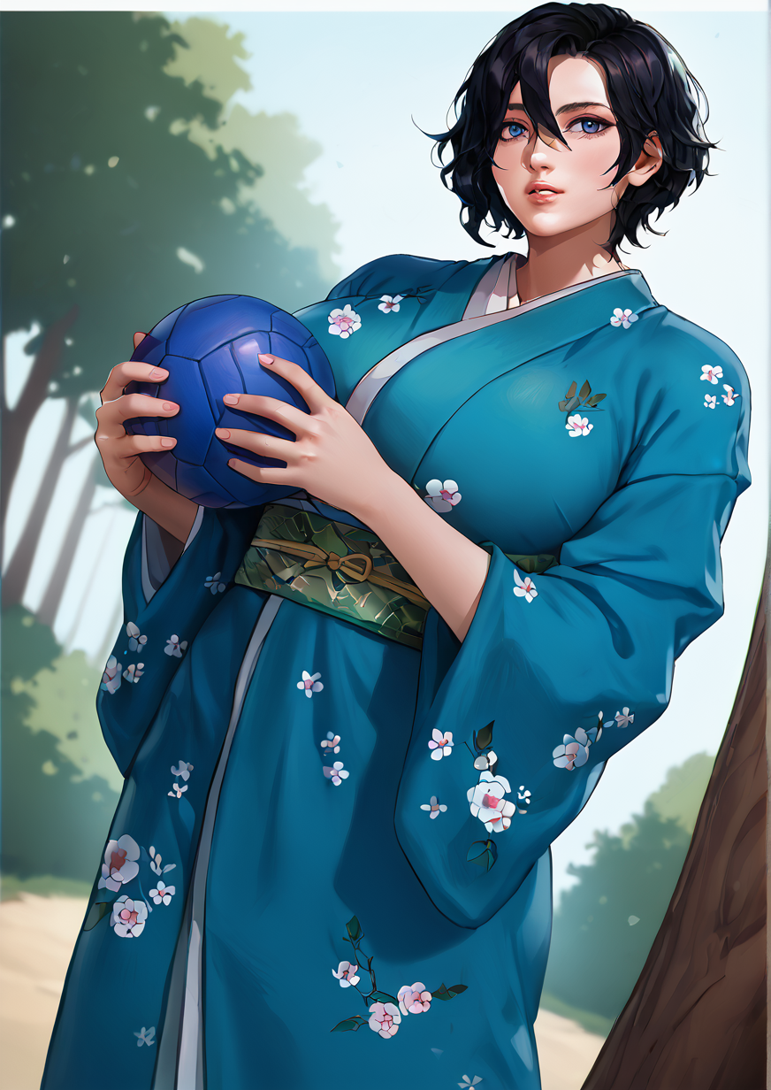 1girl, huge breast, , ball, black hair, blue eyes, day, dutch angle, green kimono, hair between eyes, holding, holding ball, japanese clothes, kimono, looking at viewer, outdoors, parted lips, short hair, solo, sunlight, temari ball, tree,  ,handfixer,zPDXL3 <lora:Breast Slider - Pony_alpha1.0_rank4_noxattn_last:3> <lora:HandFixer_pdxl_Incrs_v1:1> <lora:MaterArsenicArsenicMater:1>