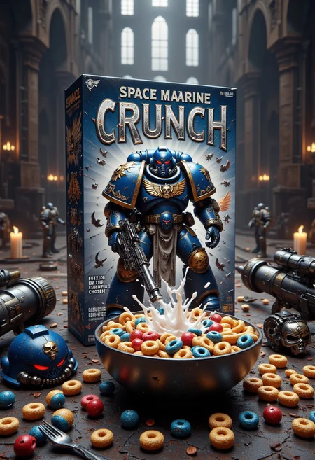 The scene showcases an epic, high-resolution box of "Space Marine Crunch" cereal, set in a futuristic armory. The cereal box is adorned with bold, metallic designs, featuring a towering UltraM40k Space Marine in shining blue and gold armor, wielding a massive bolter. Above him, in sharp silver letters, the title "Space Marine Crunch" dominates the box, with the tagline "Fuel for the Emperor's Chosen!" below. The cereal pieces inside are shaped like tiny power fists, skulls, and Imperial Aquilas, each piece glinting in vibrant blue, gold, and red colors, resembling the symbols of the Imperium of Man.
In front of the box, a steel bowl overflowing with the cereal stands on a war-torn surface, with a splash of milk mid-flight as if dropped in the heat of battle. Scattered around the scene are fallen bolter shells and a ceremonial helmet resting next to the bowl. The background features the dark interior of a massive Space Marine fortress monastery, with the faint glow of purity seals and the echo of chanting hymns. The atmosphere is both gritty and heroic, blending the seriousness of Warhammer 40K with the playful energy of a breakfast scene.